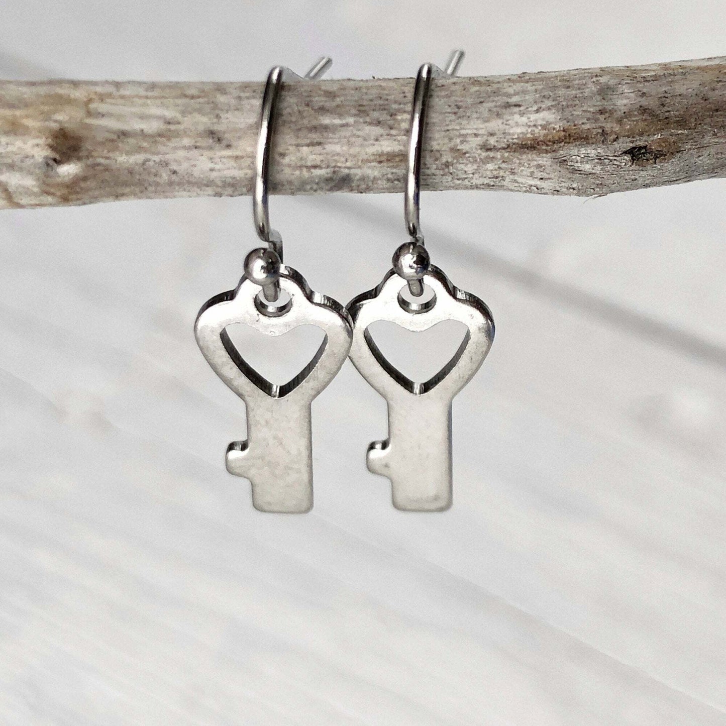 Tiny Key Earrings, Keys Stainless Steel Earring, Mini Shiny Silver Key Dangle, Hypoallergenic