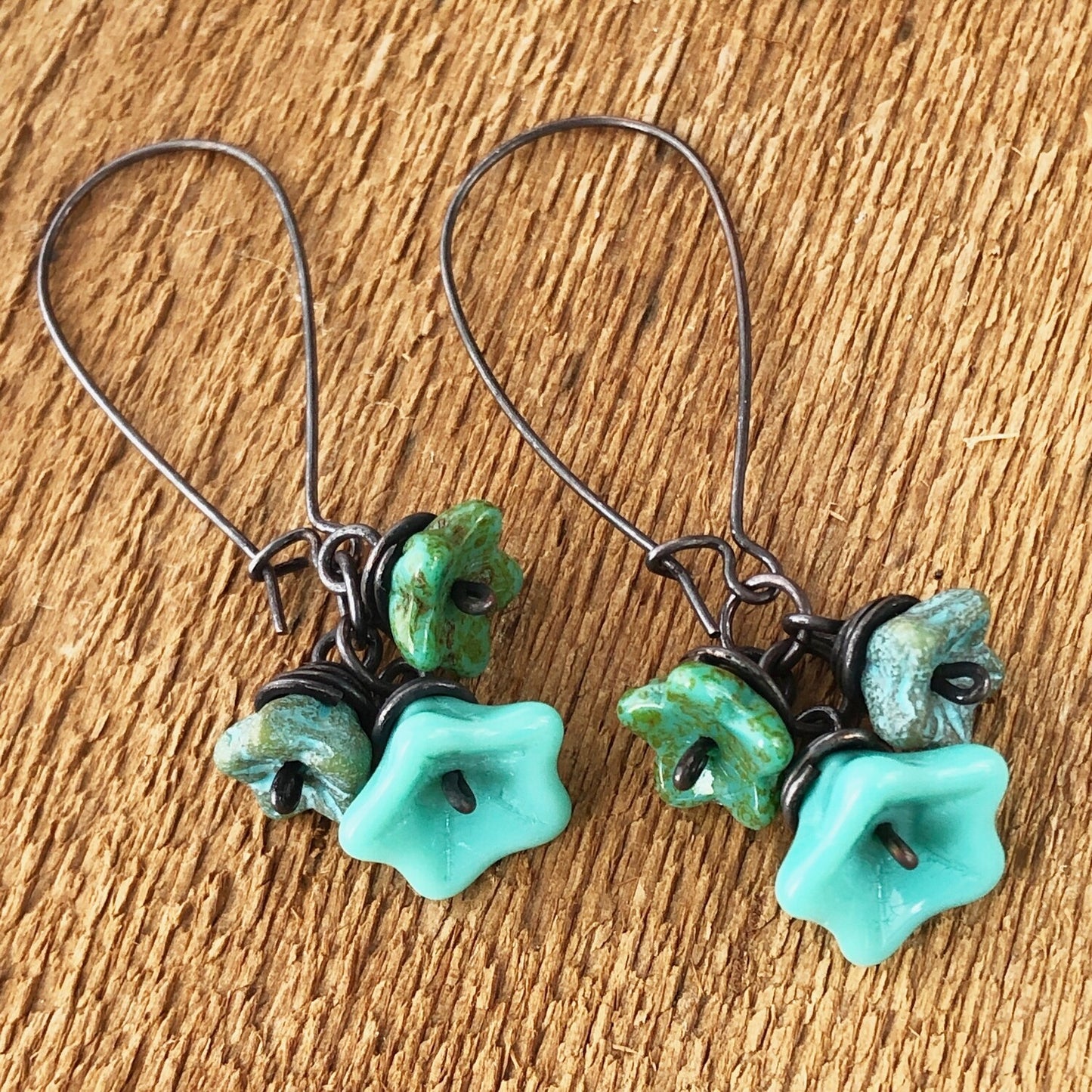 Turquoise Glass Flowers Copper Wirework Earrings