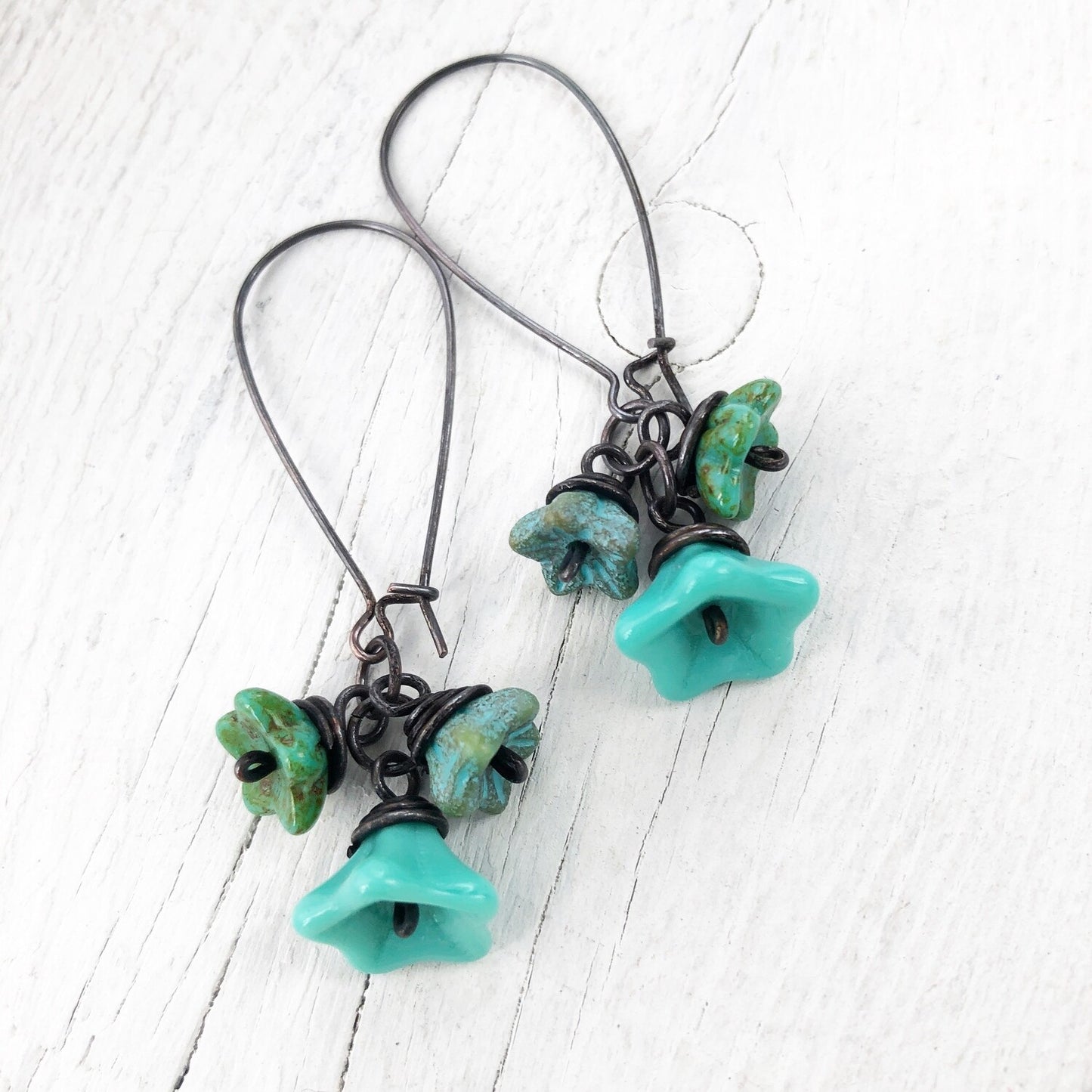 Turquoise Glass Flowers Copper Wirework Earrings