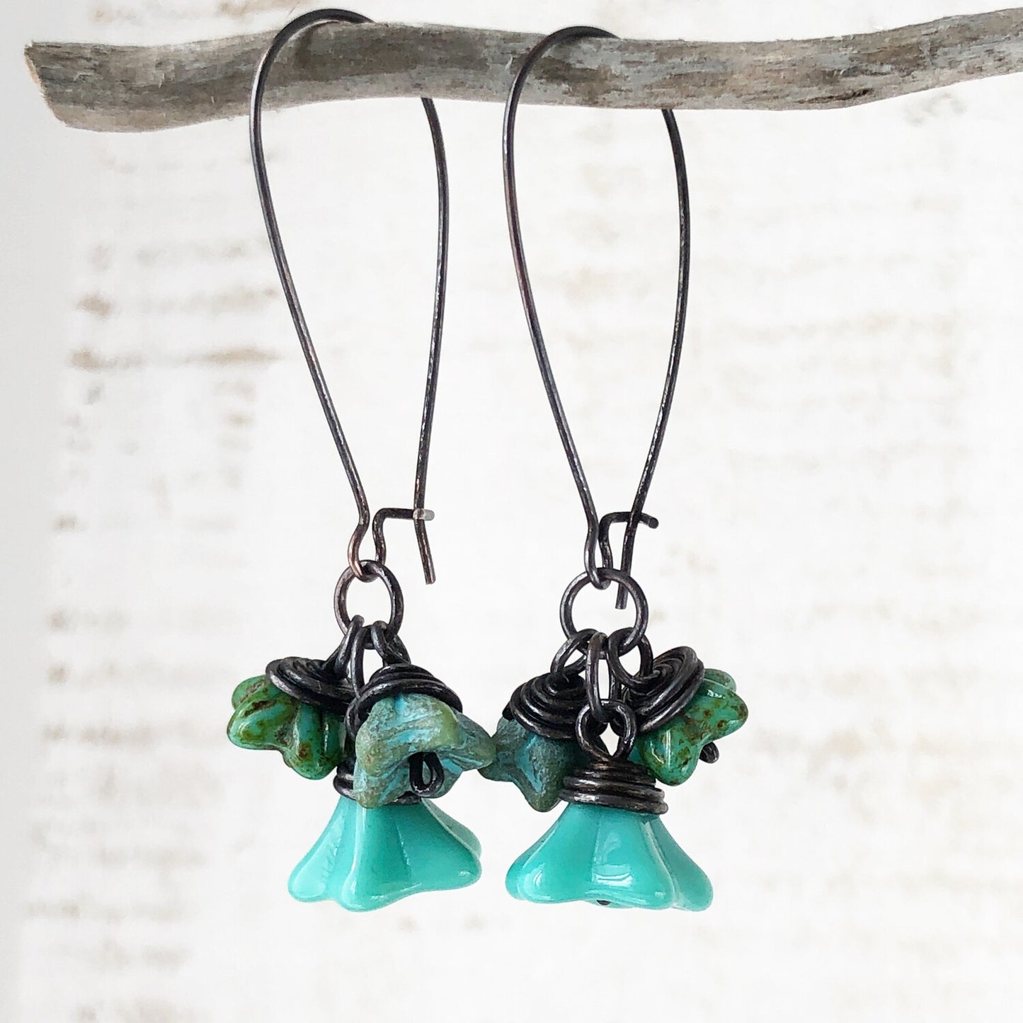 Turquoise Glass Flowers Copper Wirework Earrings