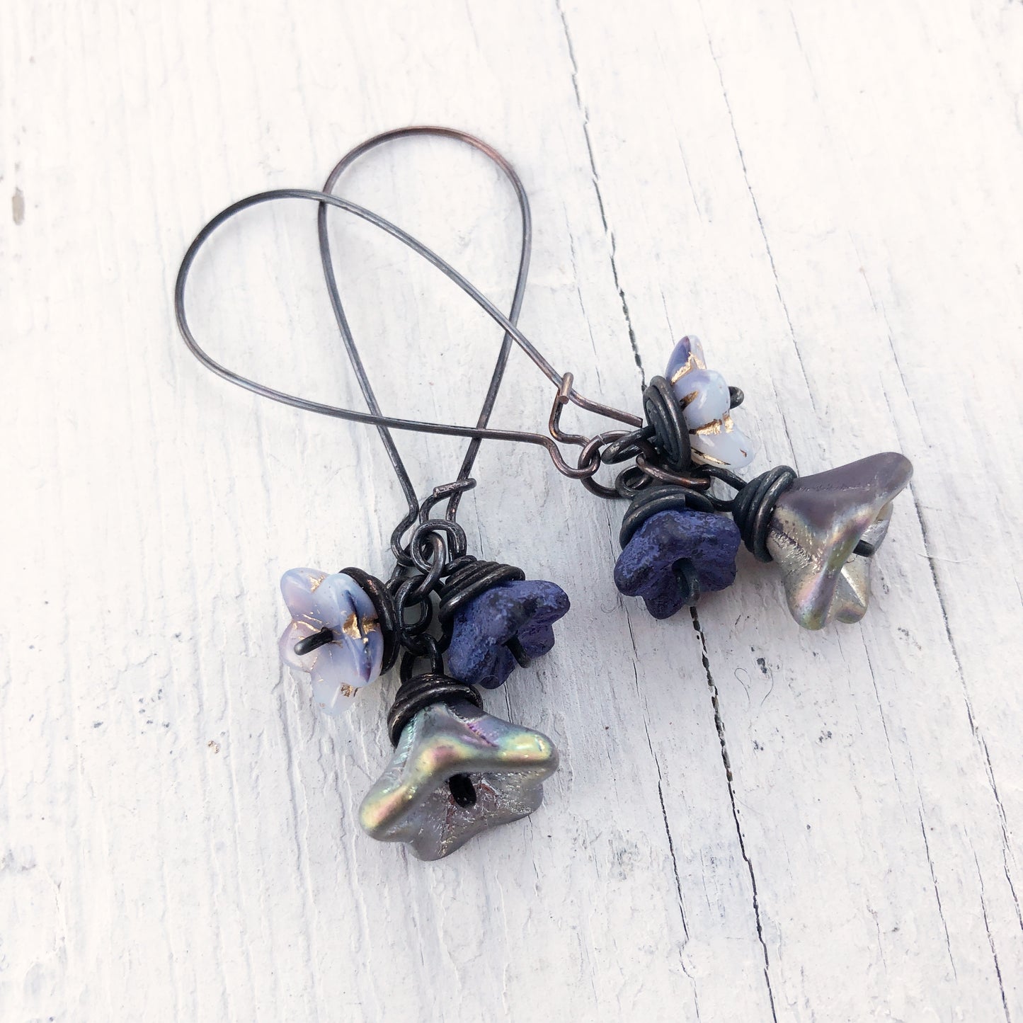 Violet Purple Glass Flowers Copper Wirework Earrings