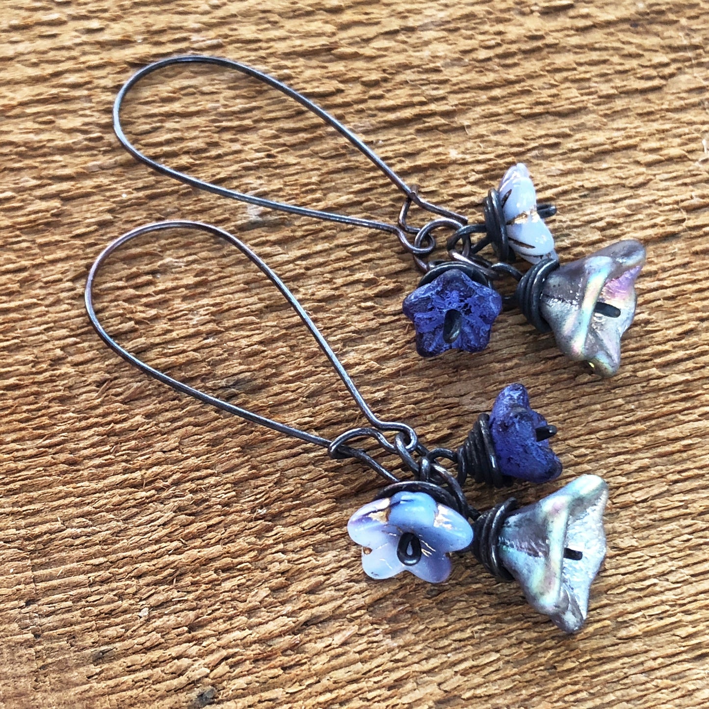 Violet Purple Glass Flowers Copper Wirework Earrings