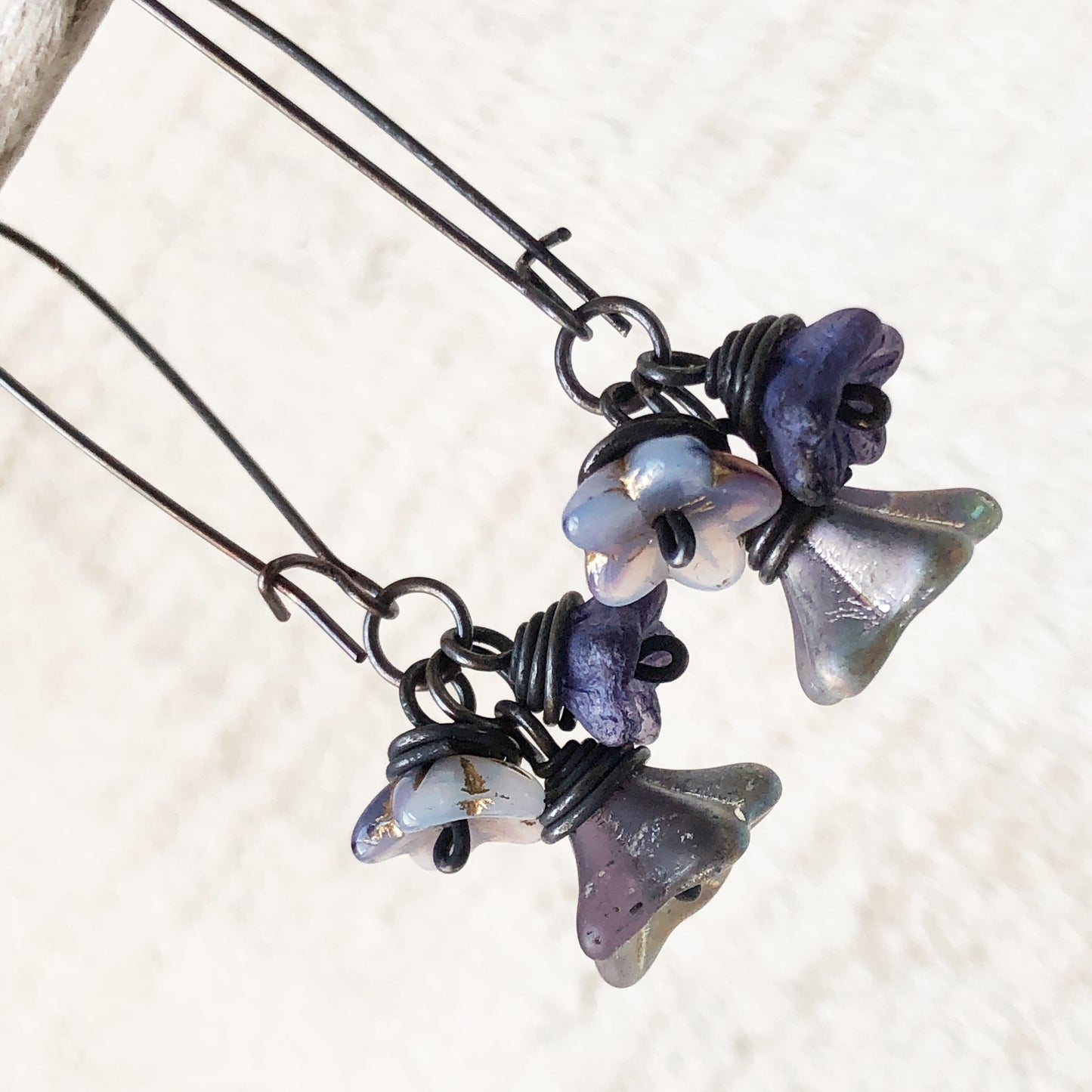 Violet Purple Glass Flowers Copper Wirework Earrings