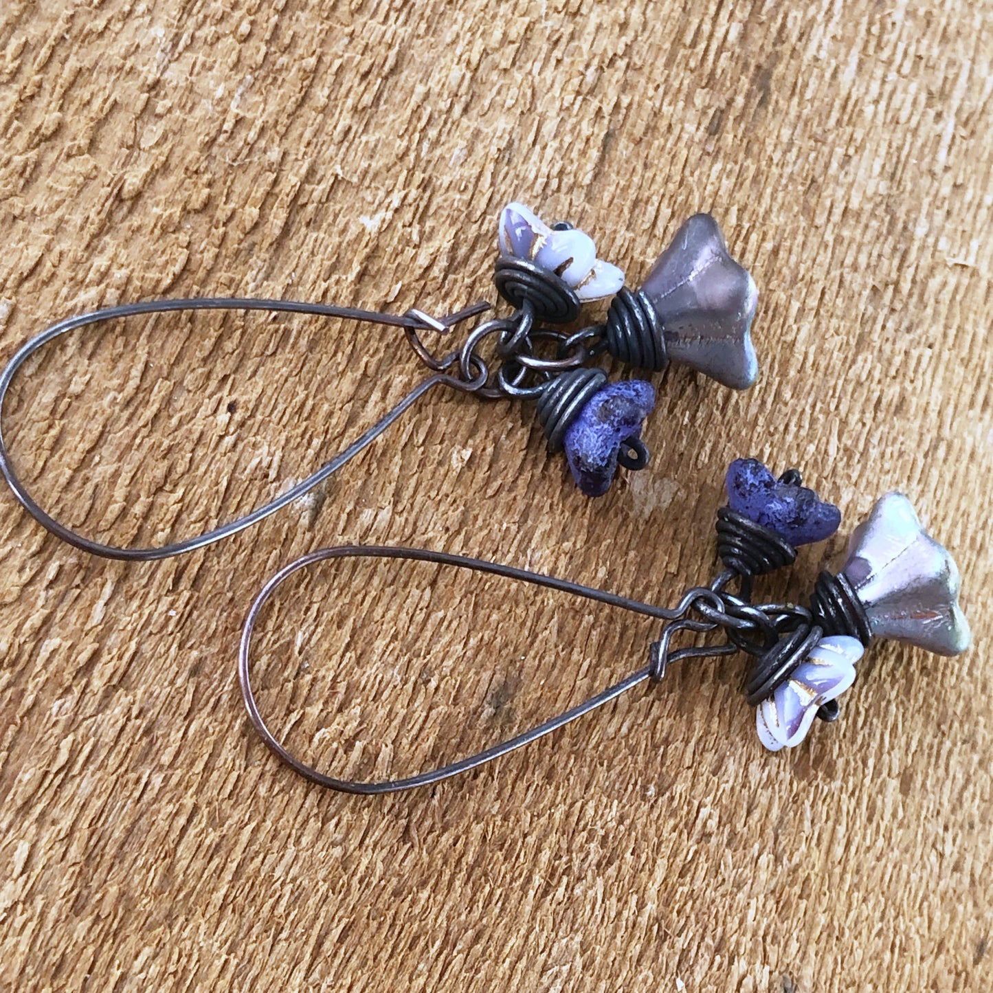 Violet Purple Glass Flowers Copper Wirework Earrings