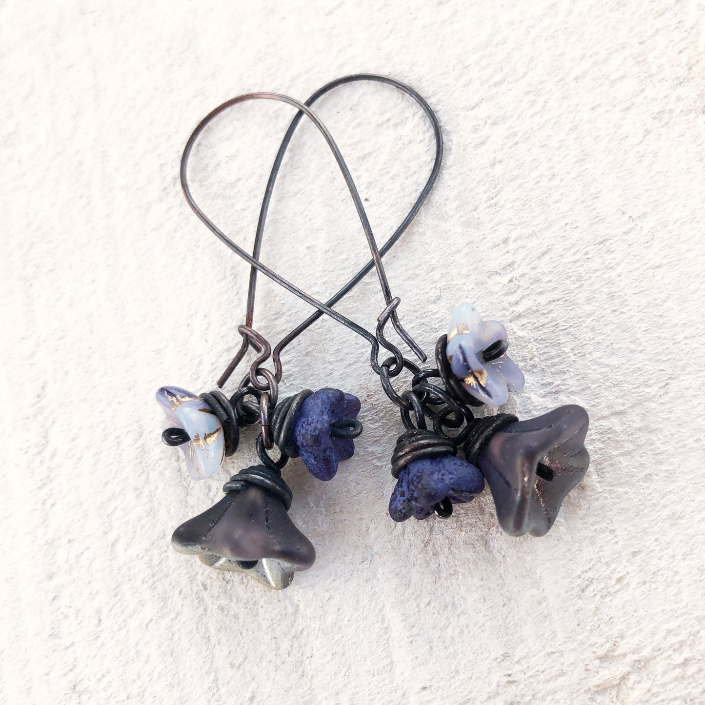 Violet Purple Glass Flowers Copper Wirework Earrings