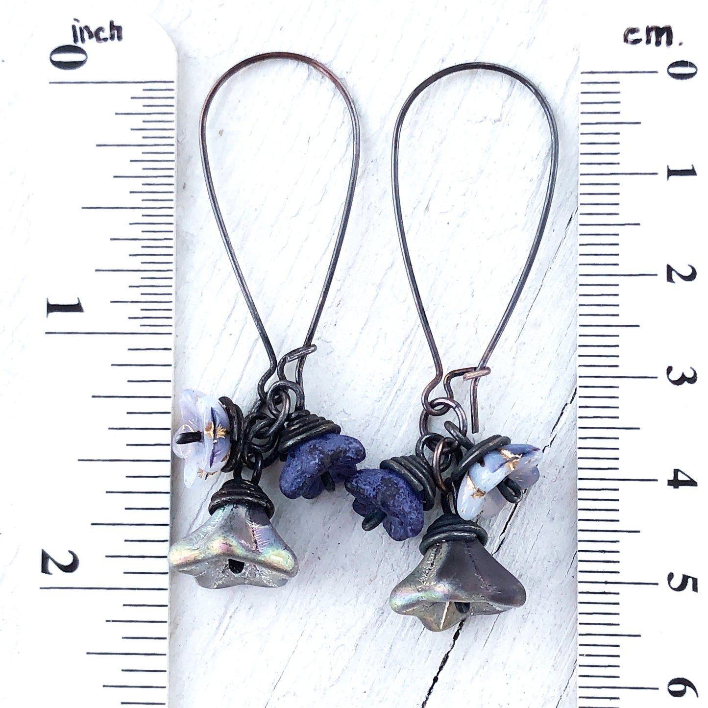 Violet Purple Glass Flowers Copper Wirework Earrings