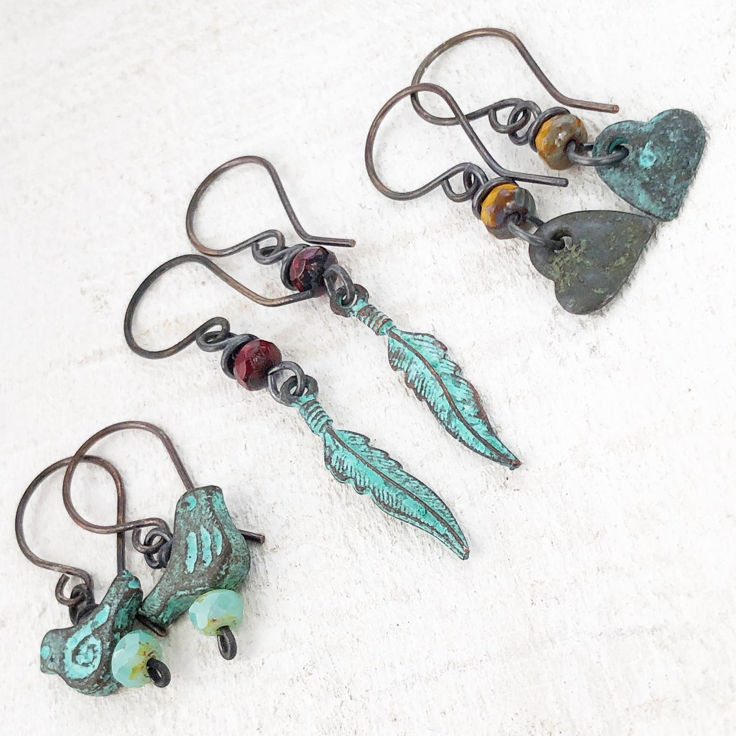Verdigris Heart Earrings with Bead, Copper Earwires