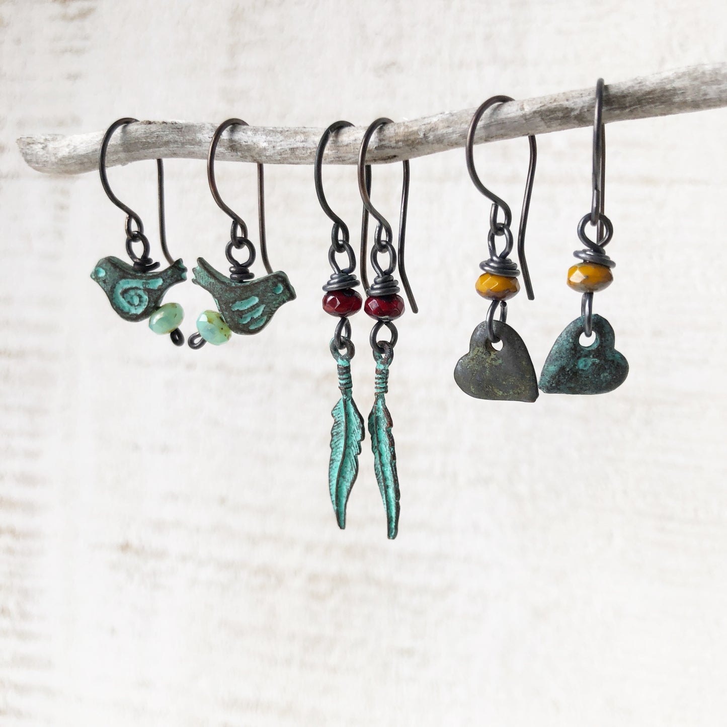 Verdigris Heart Earrings with Bead, Copper Earwires