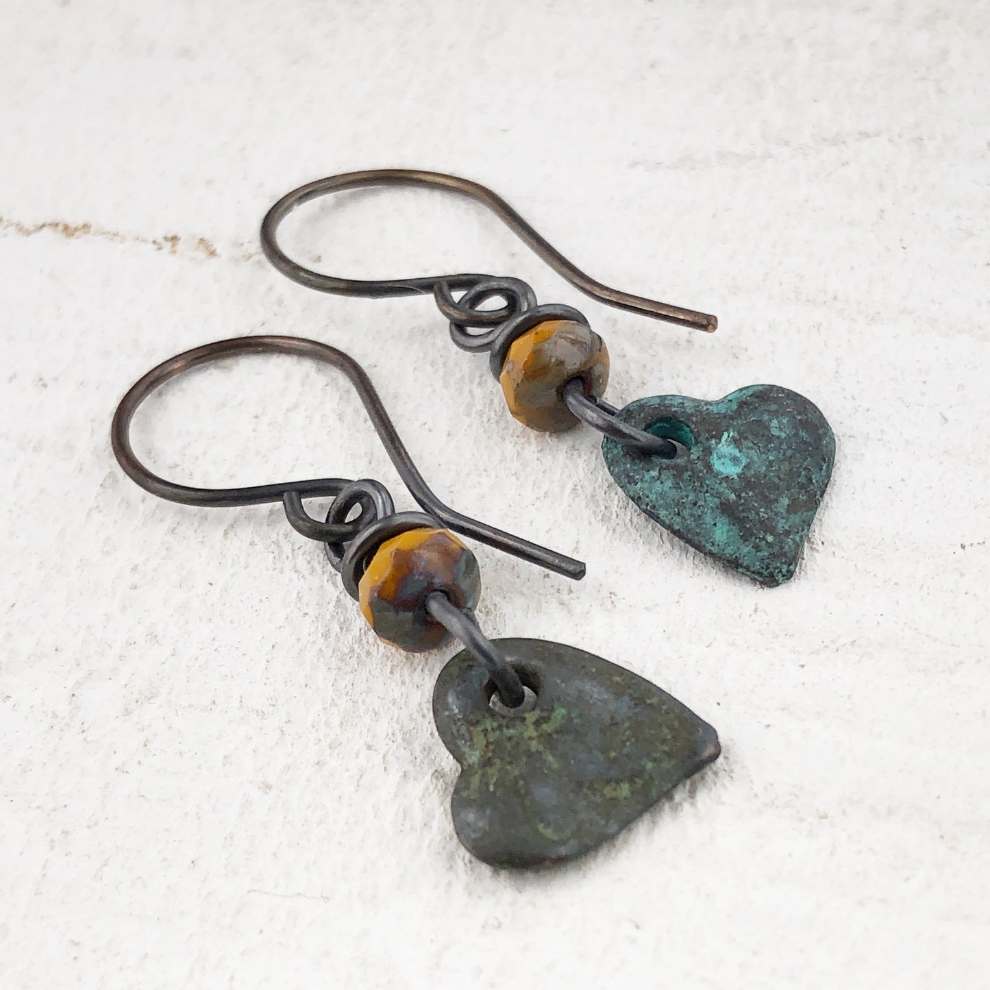Verdigris Heart Earrings with Bead, Copper Earwires