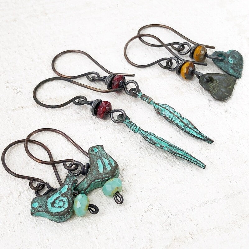 Verdigris Heart Earrings with Bead, Copper Earwires