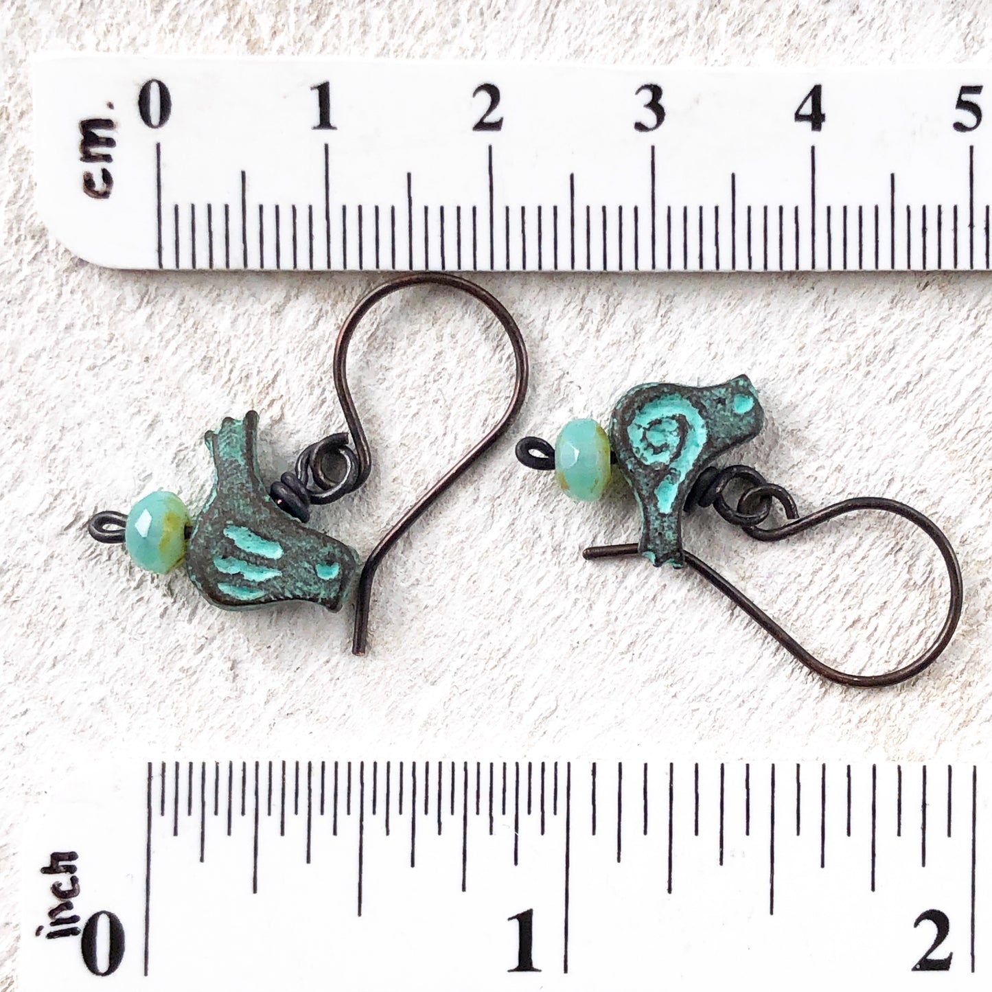 Verdigris Bird Earrings with Bead, Copper Earwires