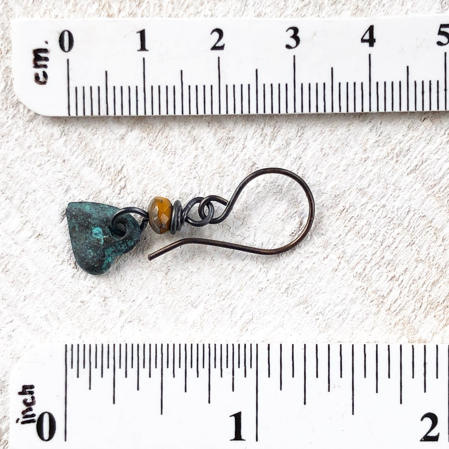 Verdigris Heart Earrings with Bead, Copper Earwires