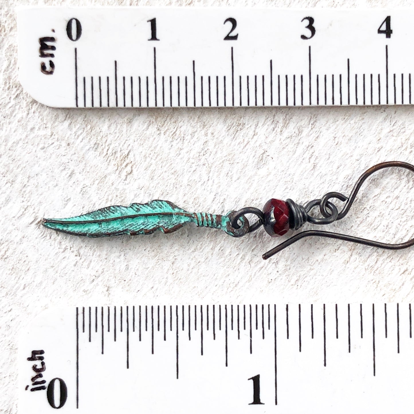 Verdigris Feather Earrings with Bead, Copper Earwires