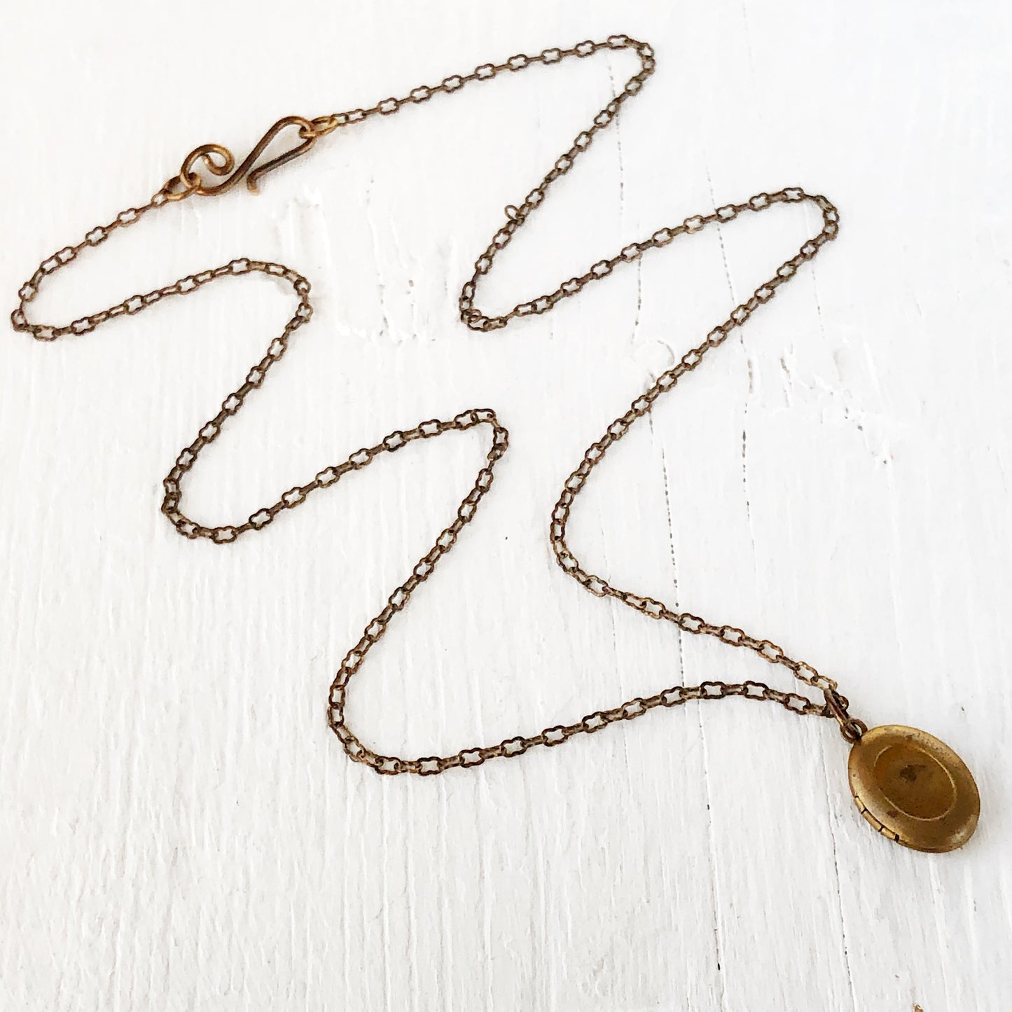 Mini Brass Locket with Vintage Patina and Old-Timey “Peanut” Chain