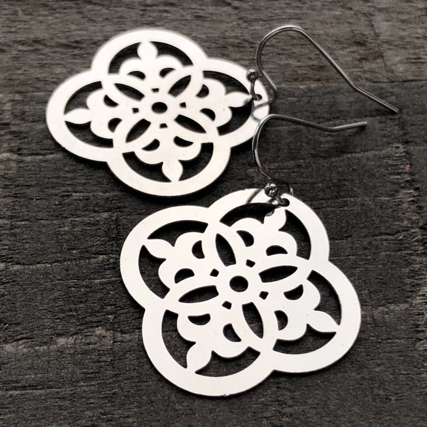 Quatrefoil Filigree Earrings with French hooks ball tip, Stainless Steel Earring Pair, Silver Lightweight non-tarnish shiny
