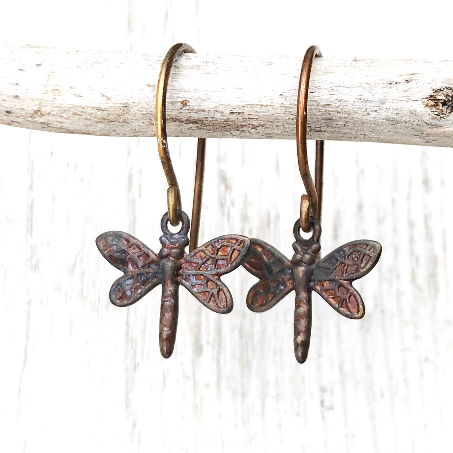 Tiny Dragonfly Brass Earrings with Handmade French hooks, Patina’d Charms Little Antiqued Brass Dragonflies