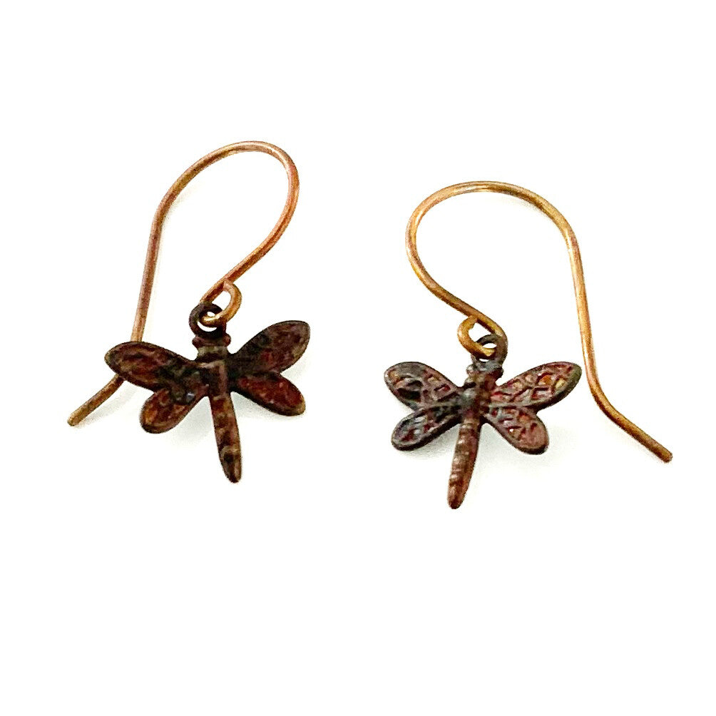 Tiny Dragonfly Brass Earrings with Handmade French hooks, Patina’d Charms Little Antiqued Brass Dragonflies