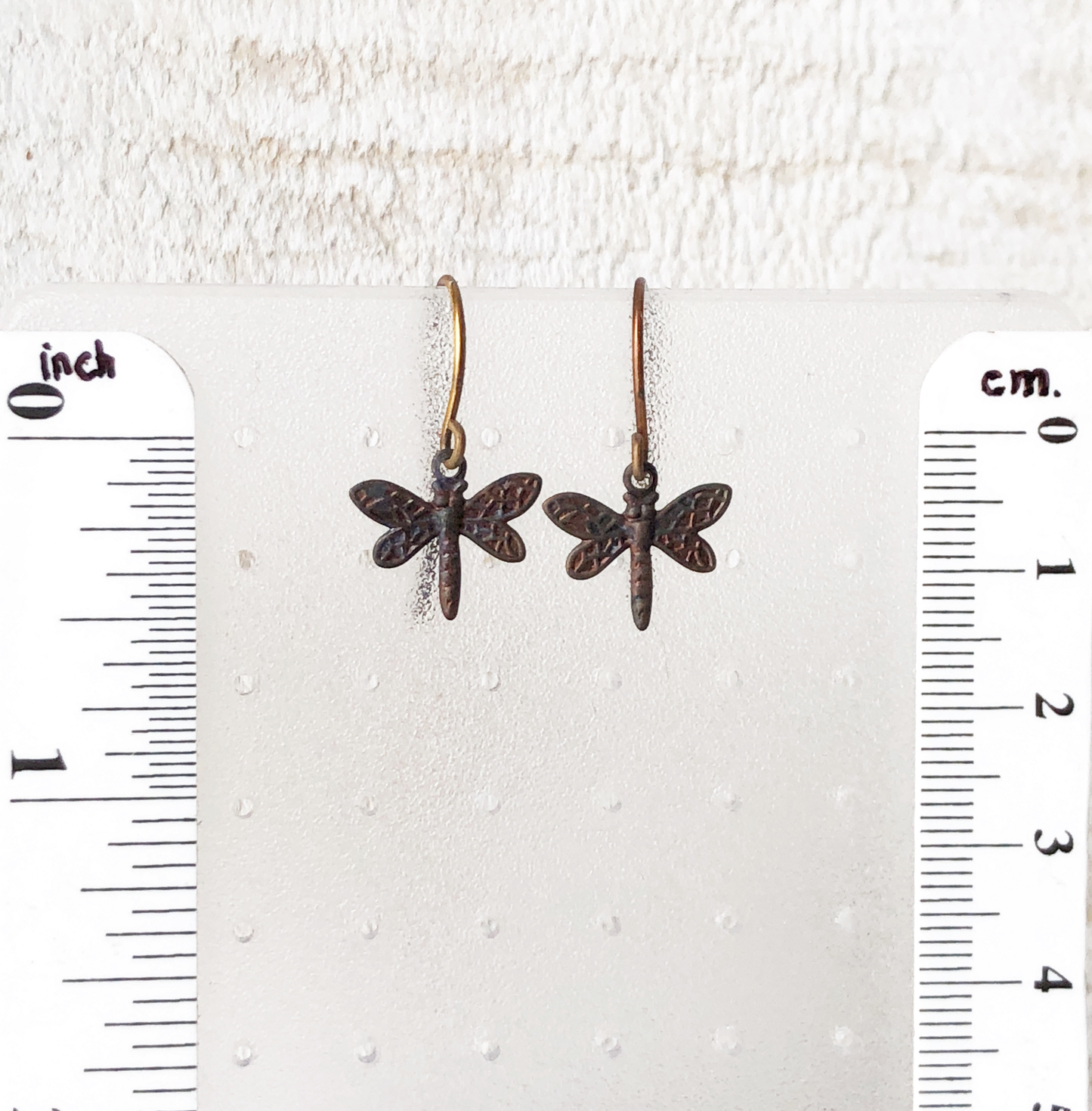 Tiny Dragonfly Brass Earrings with Handmade French hooks, Patina’d Charms Little Antiqued Brass Dragonflies