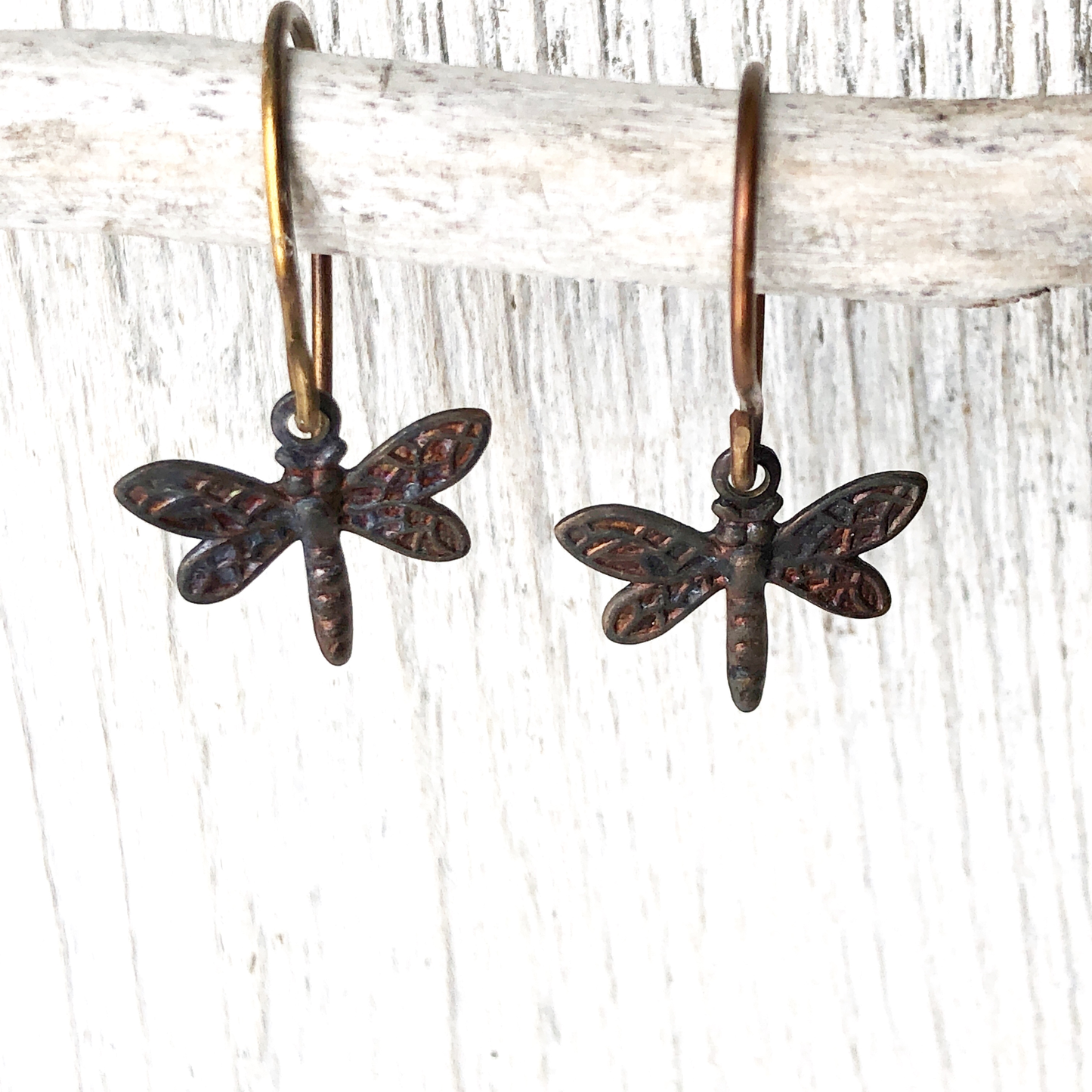 Tiny Dragonfly Brass Earrings with Handmade French hooks, Patina’d Charms Little Antiqued Brass Dragonflies