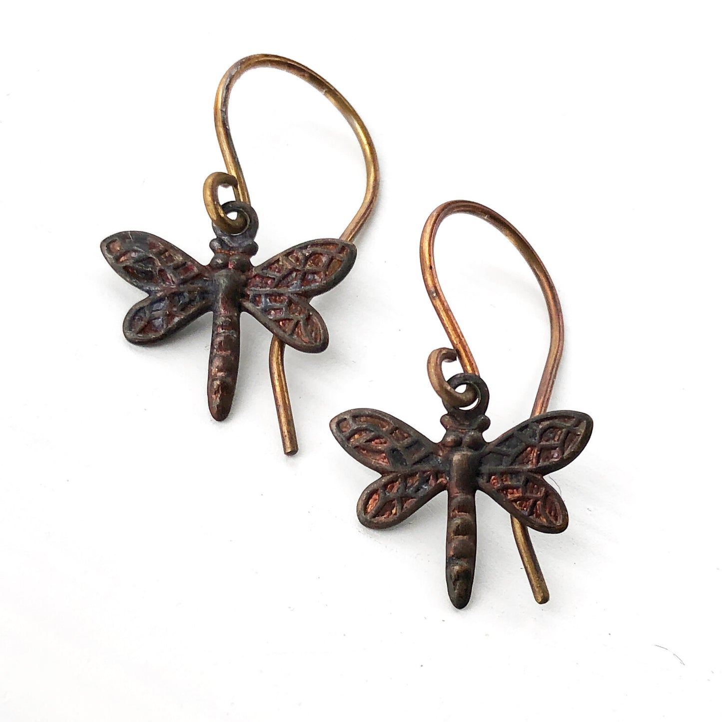 Tiny Dragonfly Brass Earrings with Handmade French hooks, Patina’d Charms Little Antiqued Brass Dragonflies