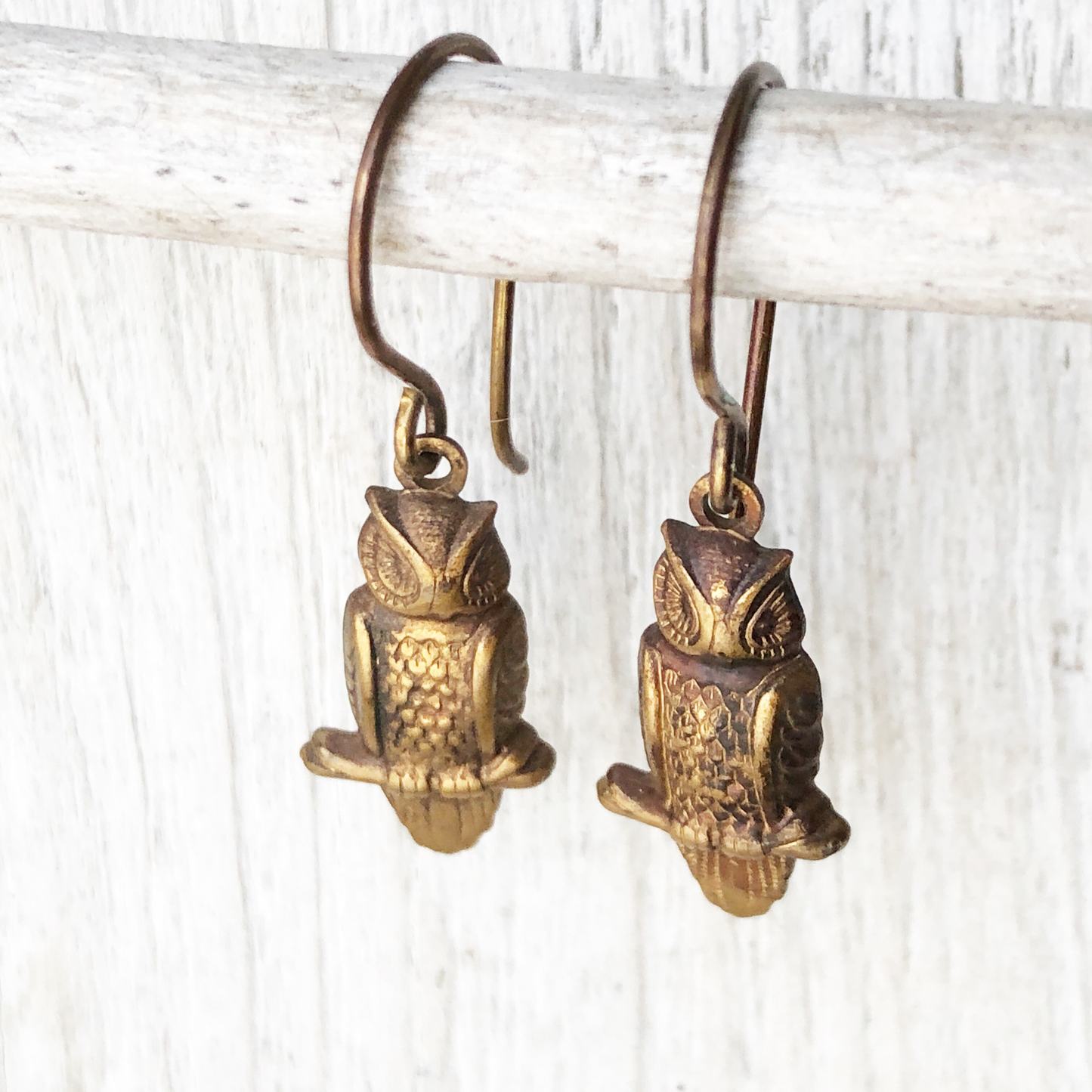 Rustic Brass Owl Earrings – Patina’d Charms, Handmade French Hook Ear Wires