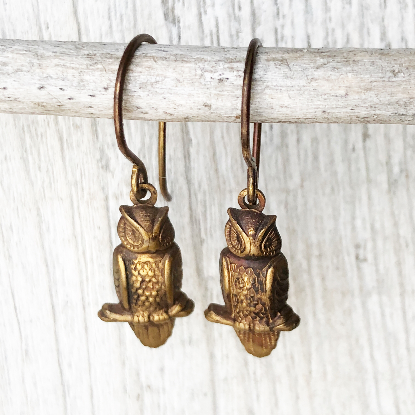 Rustic Brass Owl Earrings – Patina’d Charms, Handmade French Hook Ear Wires