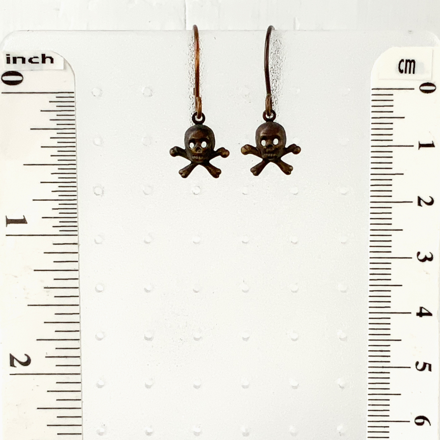 Tiny Skulls Brass Earrings with Handmade French hooks, Patina’d Charms Little Antiqued Brass Skull
