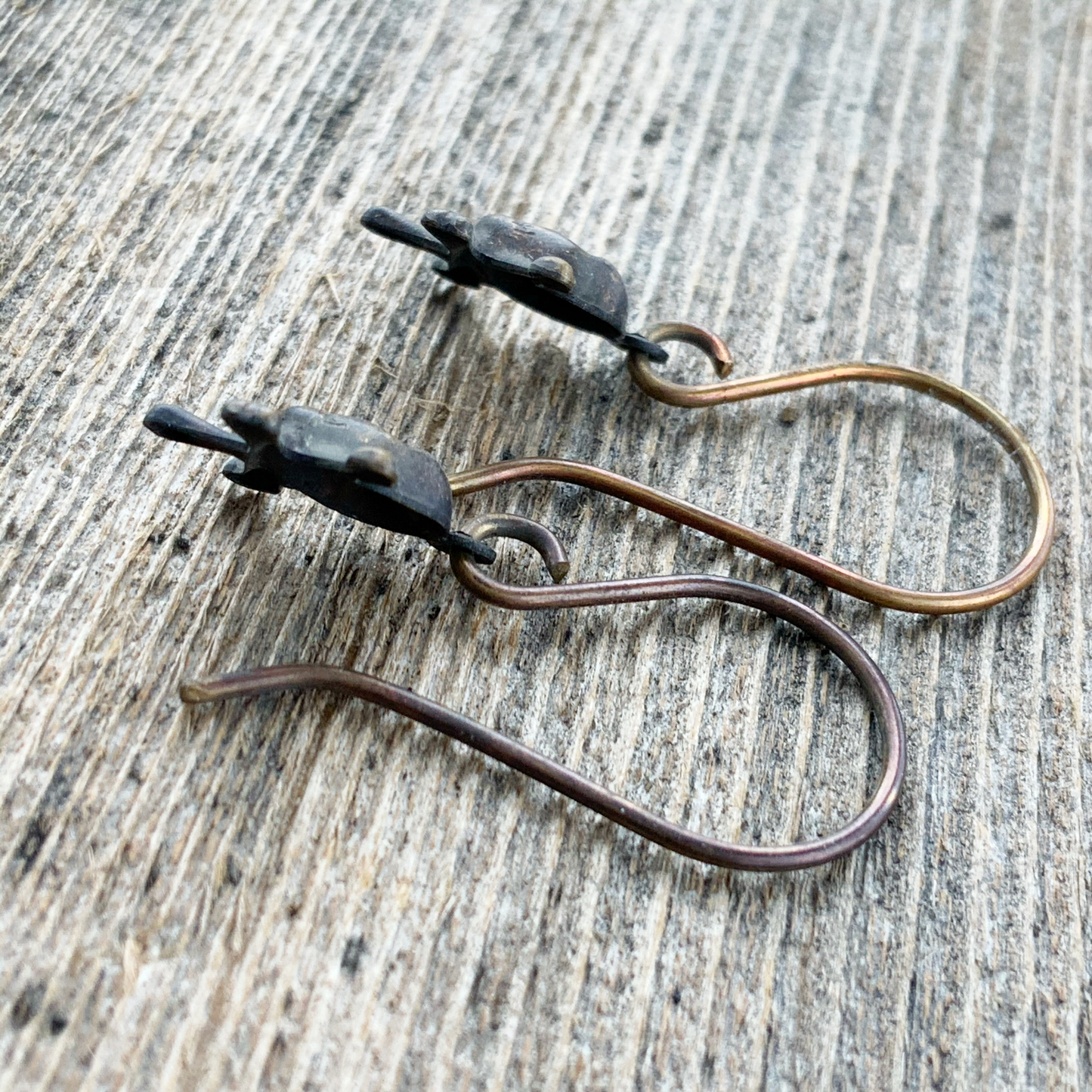 Tiny Skulls Brass Earrings with Handmade French hooks, Patina’d Charms Little Antiqued Brass Skull