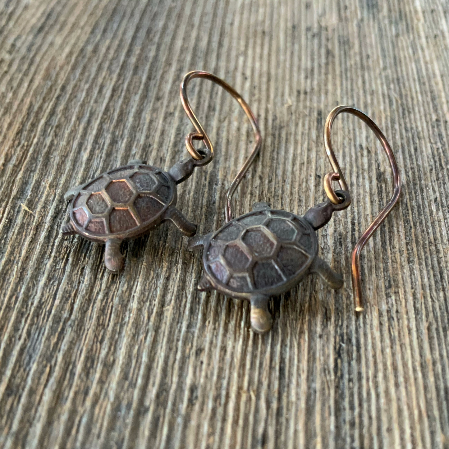 Tortoise Brass Earrings with Handmade French hooks, Patina’d Charms Little Antiqued Brass Turtle