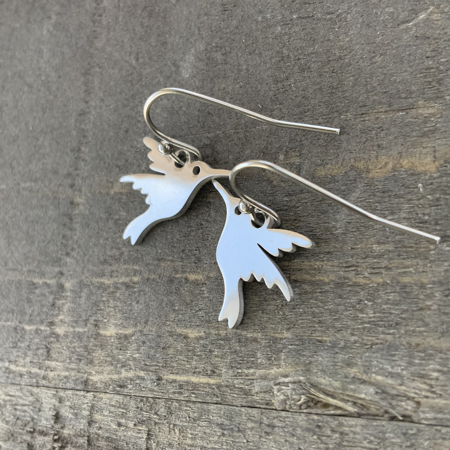 Tiny Hummingbird Earrings, Stainless Steel Earring, Small Shiny Silver Dangle, Hypoallergenic