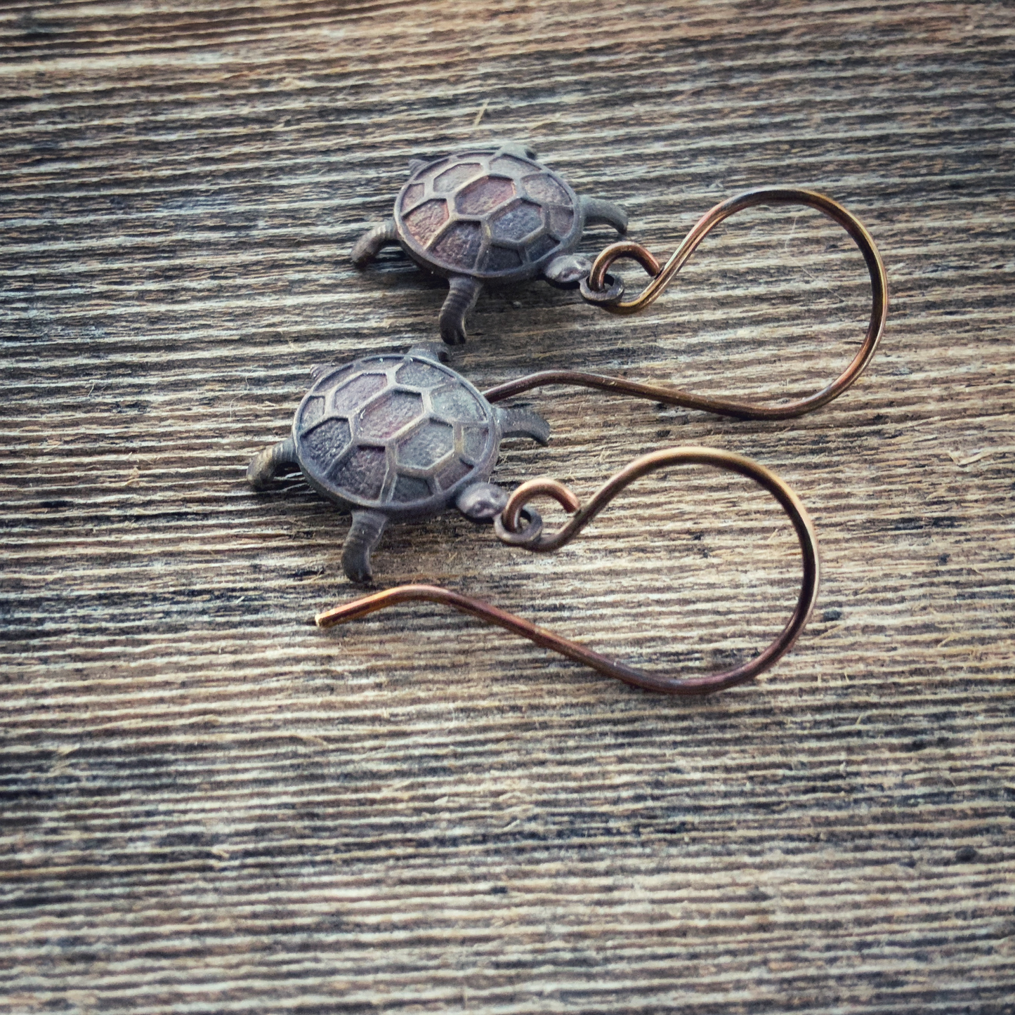 Tortoise Brass Earrings with Handmade French hooks, Patina’d Charms Little Antiqued Brass Turtle