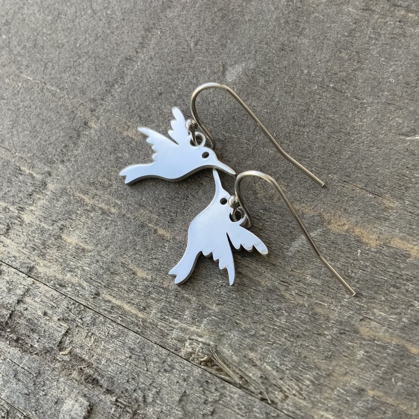 Tiny Hummingbird Earrings, Stainless Steel Earring, Small Shiny Silver Dangle, Hypoallergenic