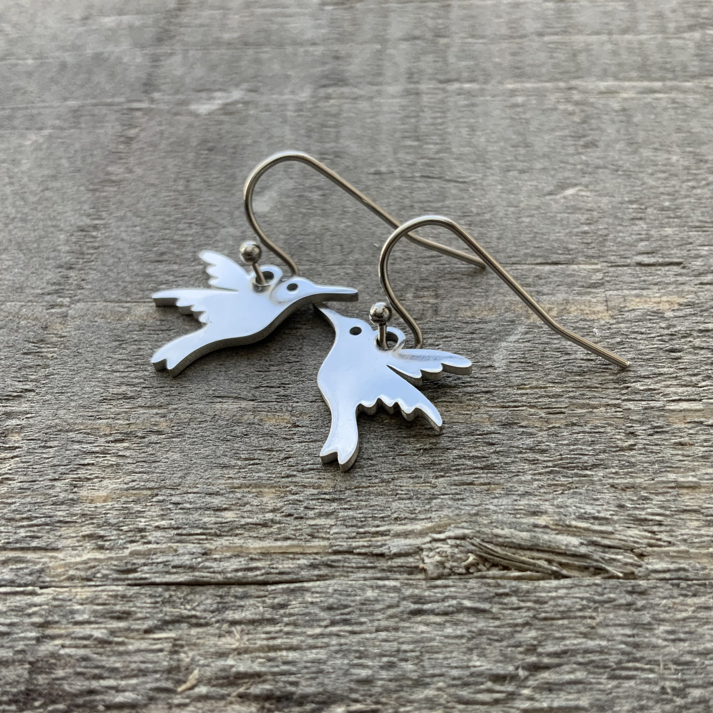 Tiny Hummingbird Earrings, Stainless Steel Earring, Small Shiny Silver Dangle, Hypoallergenic