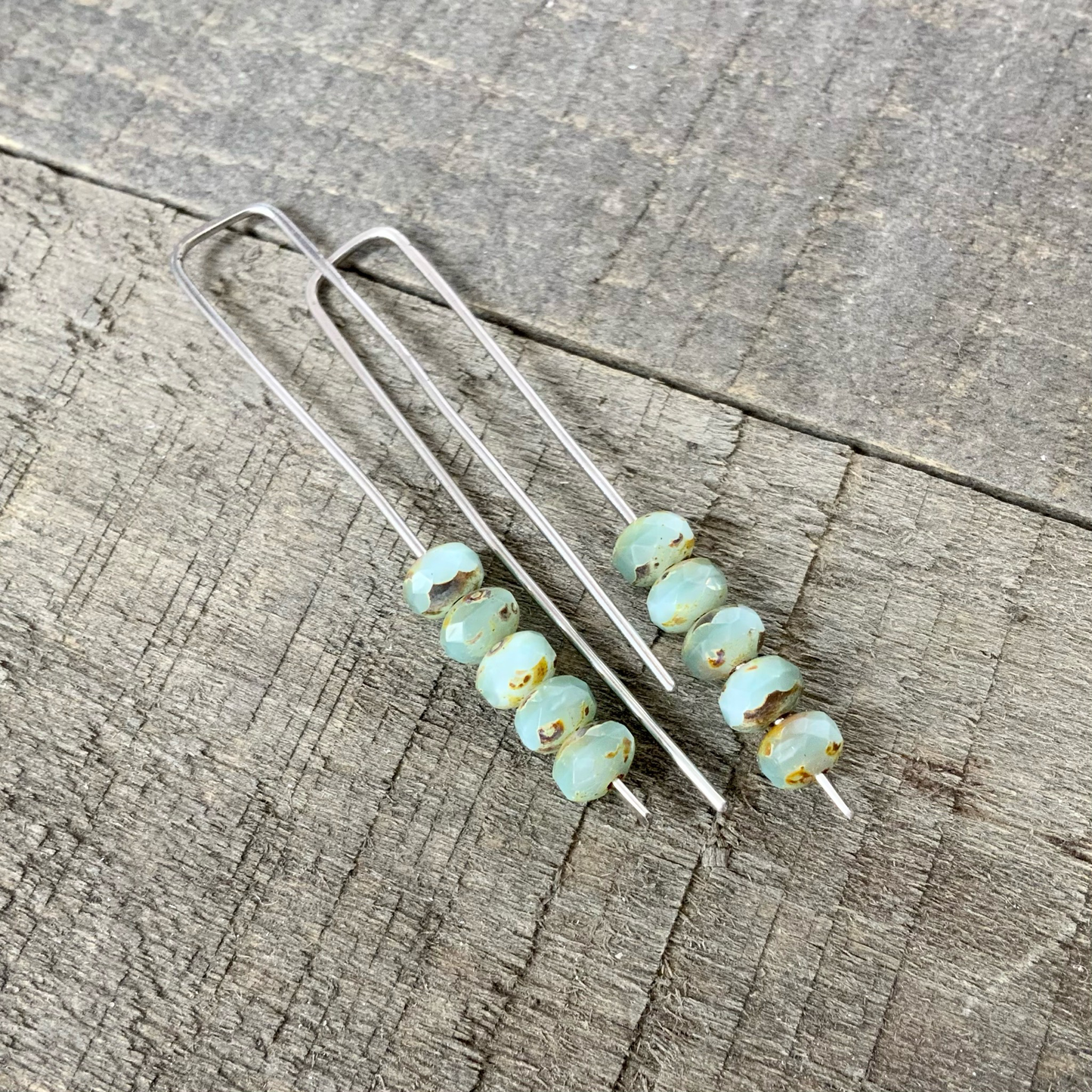 Light Seafoam Green Mini Glass Gem Threader Earrings – Rectangle Stainless Steel Ear Wires