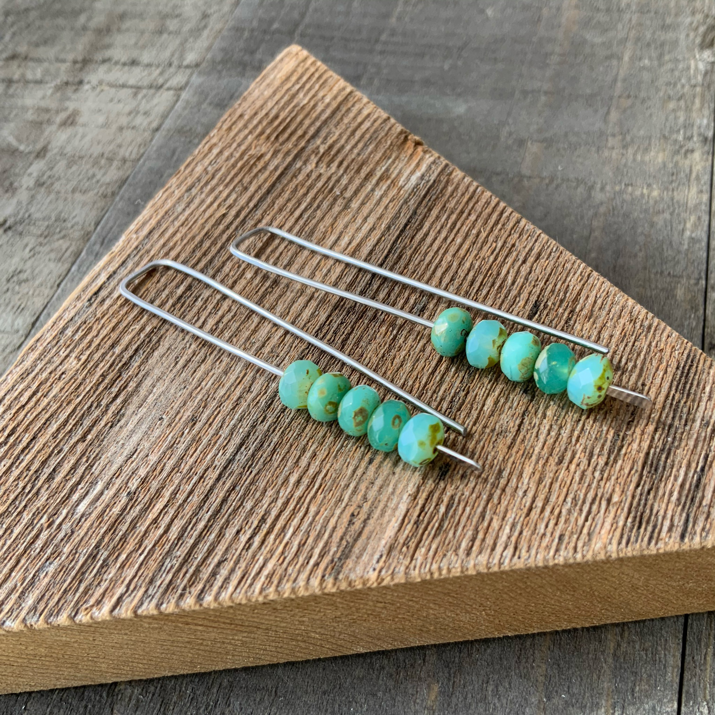 Turquoise Green Mini Glass Gem Threader Earrings, Rectangle Modern Ear Wires