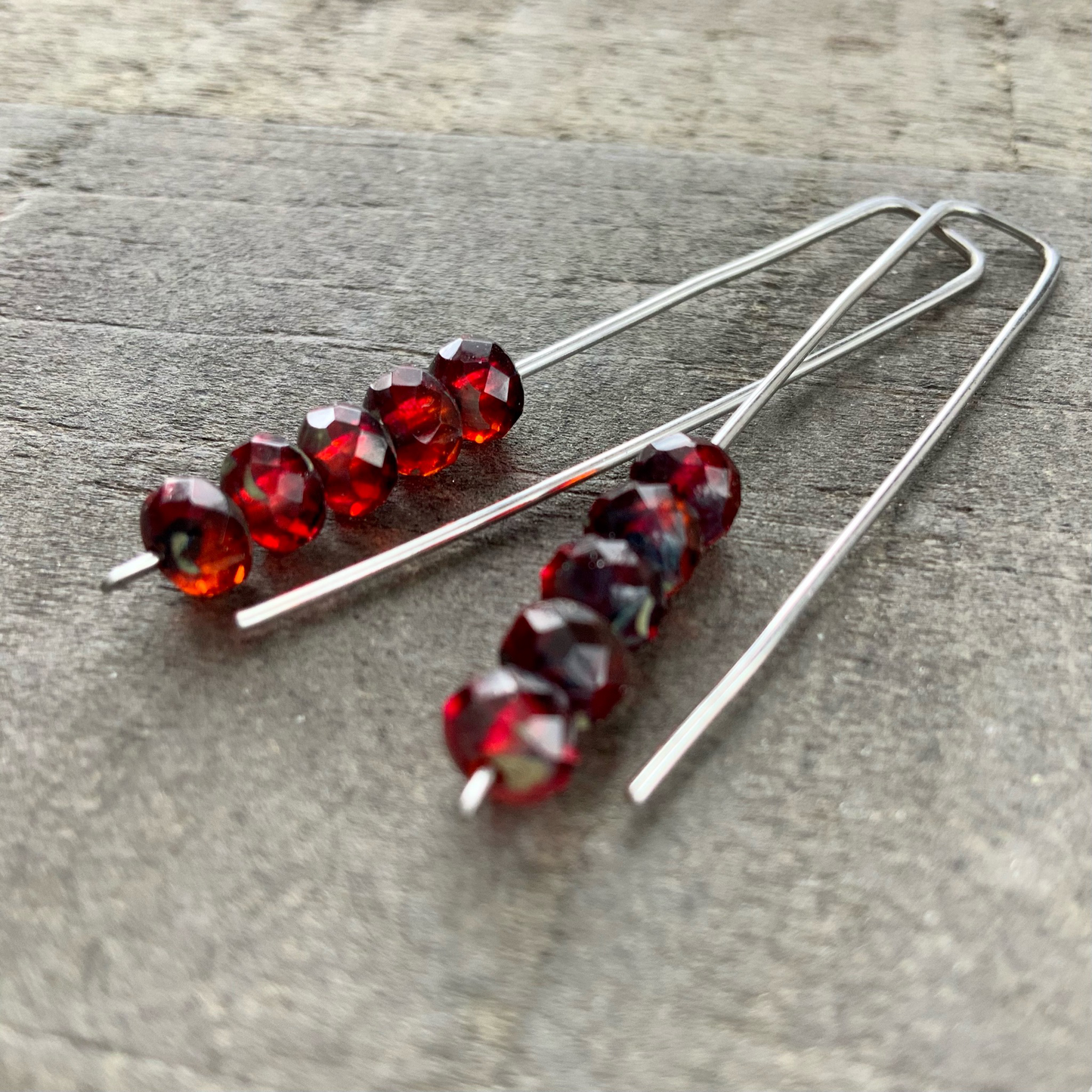Red & Blood Orange Mini Glass Gem Threader Earrings, Rectangle Modern Ear Wires