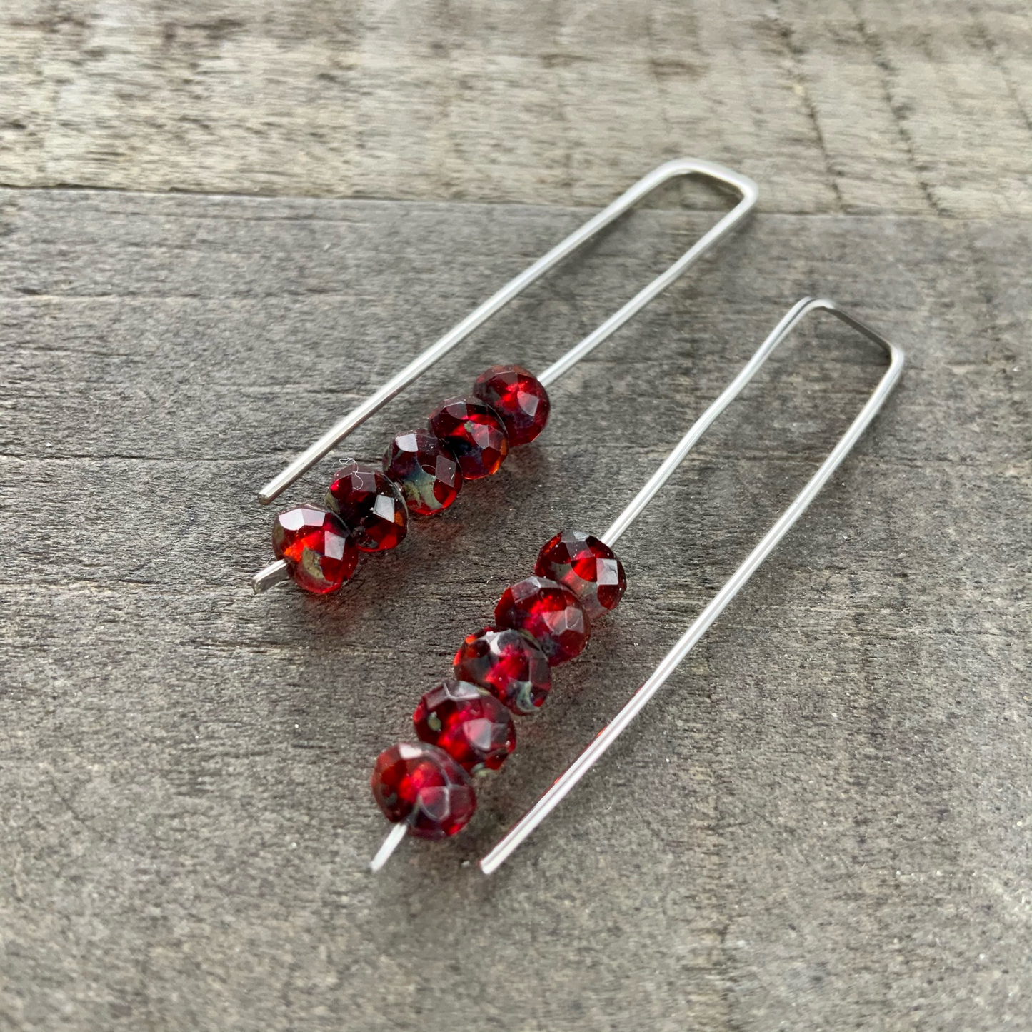 Red & Blood Orange Mini Glass Gem Threader Earrings, Rectangle Modern Ear Wires