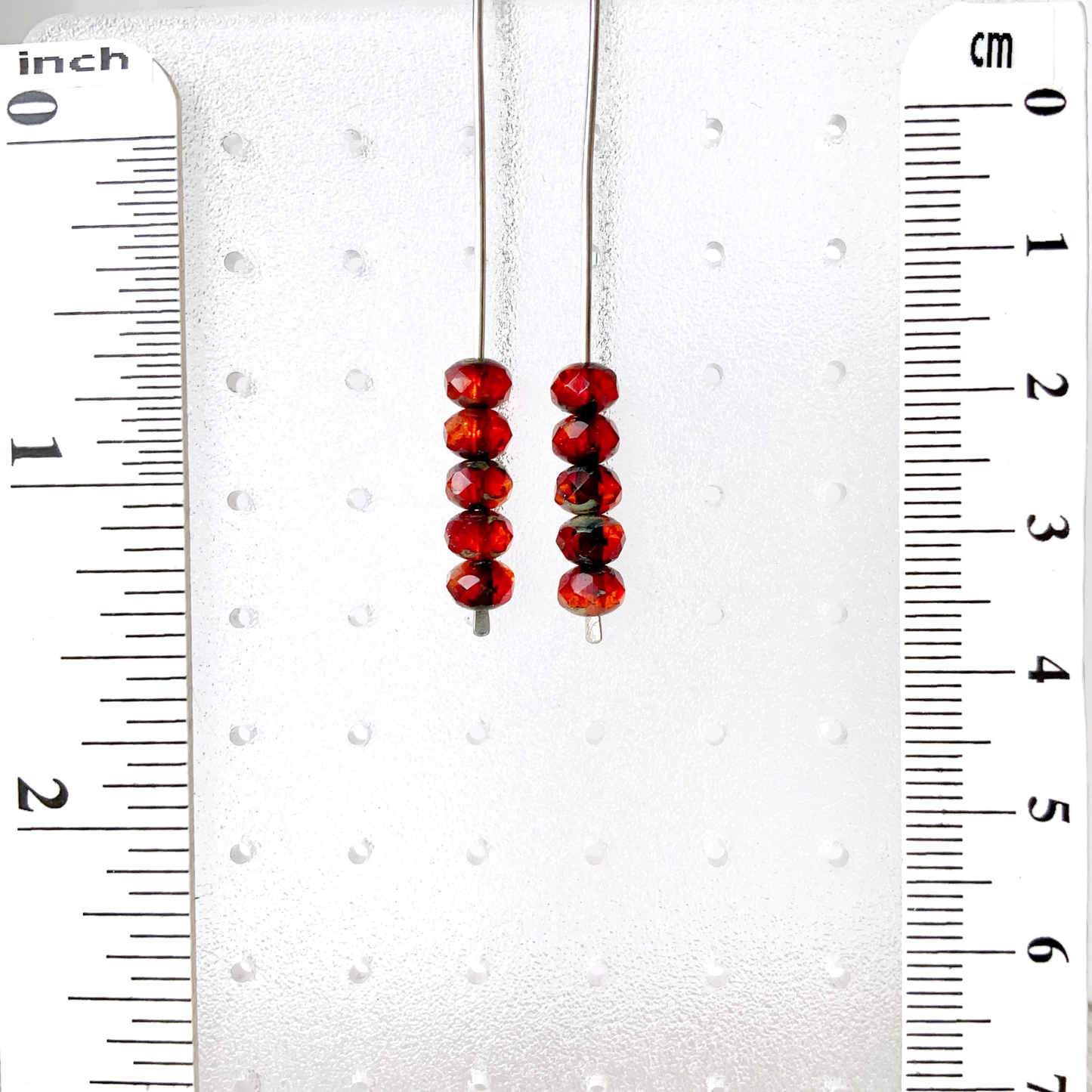 Red & Blood Orange Mini Glass Gem Threader Earrings, Rectangle Modern Ear Wires