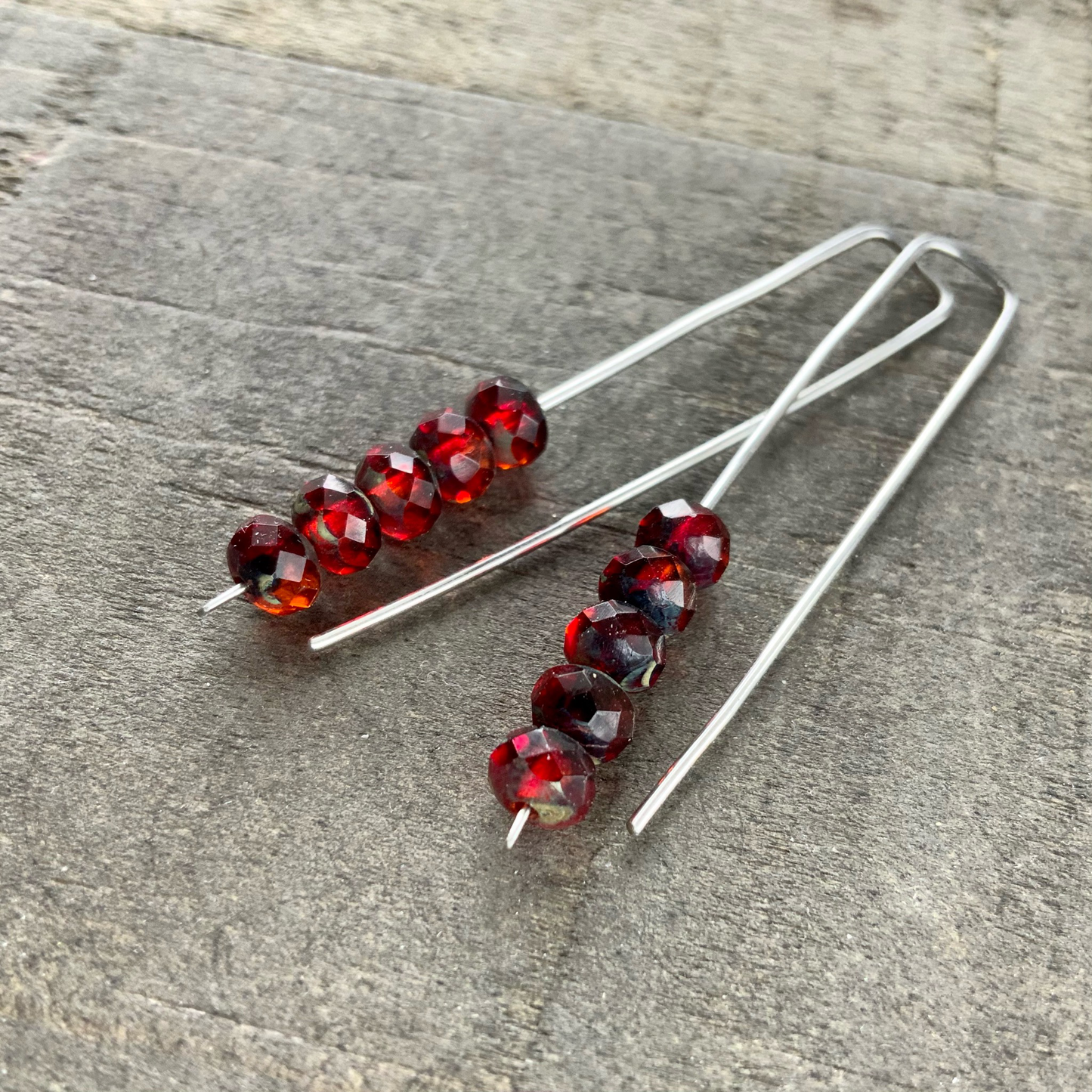 Red & Blood Orange Mini Glass Gem Threader Earrings, Rectangle Modern Ear Wires