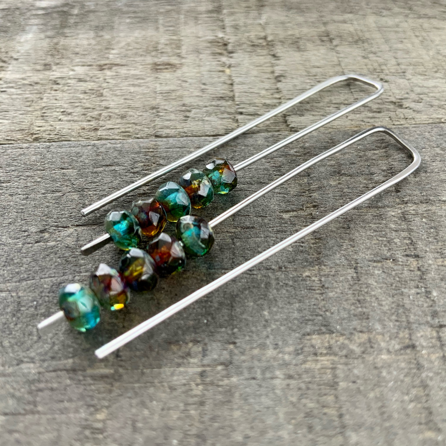 Topaz Blue Amber Mix Mini Glass Gem Threader Earrings, Rectangle Modern Ear Wires