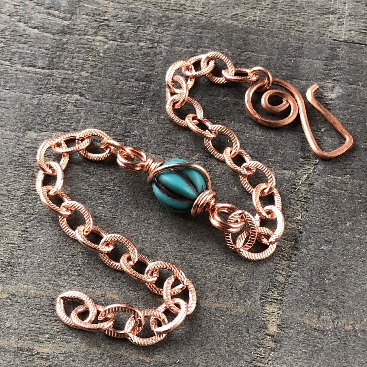 Fluted Turquoise Czech Glass Bead Bracelet with Etched Copper Chain