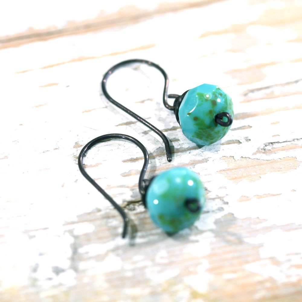 Turquoise Czech Glass Copper Wirework Earrings