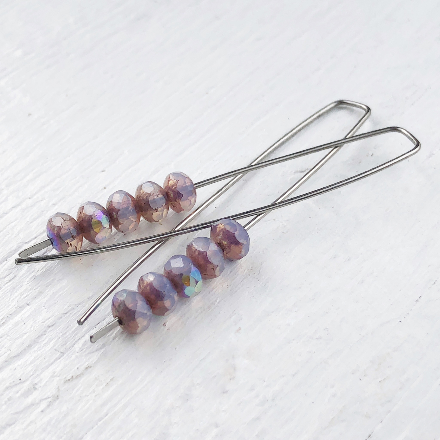 Opal Lilac Mini Glass Gem Threader Earrings, Rectangle Modern Ear Wires, Purple