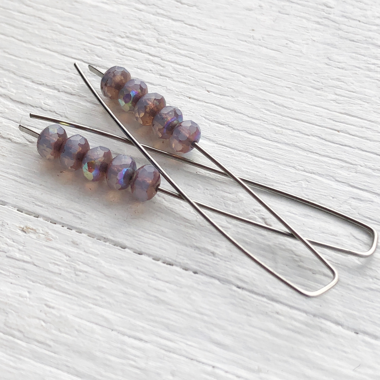 Opal Lilac Mini Glass Gem Threader Earrings, Rectangle Modern Ear Wires, Purple