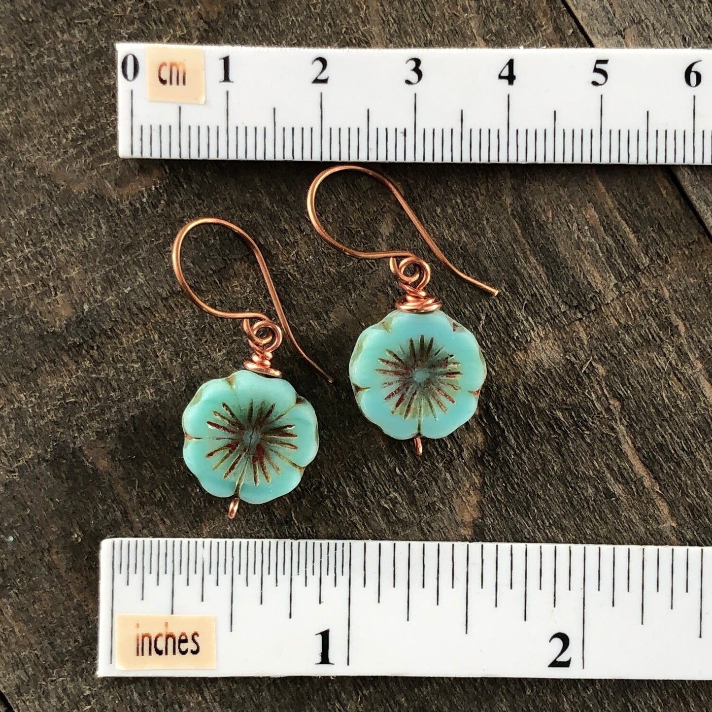 Turquoise Glass Flower Earrings, Copper