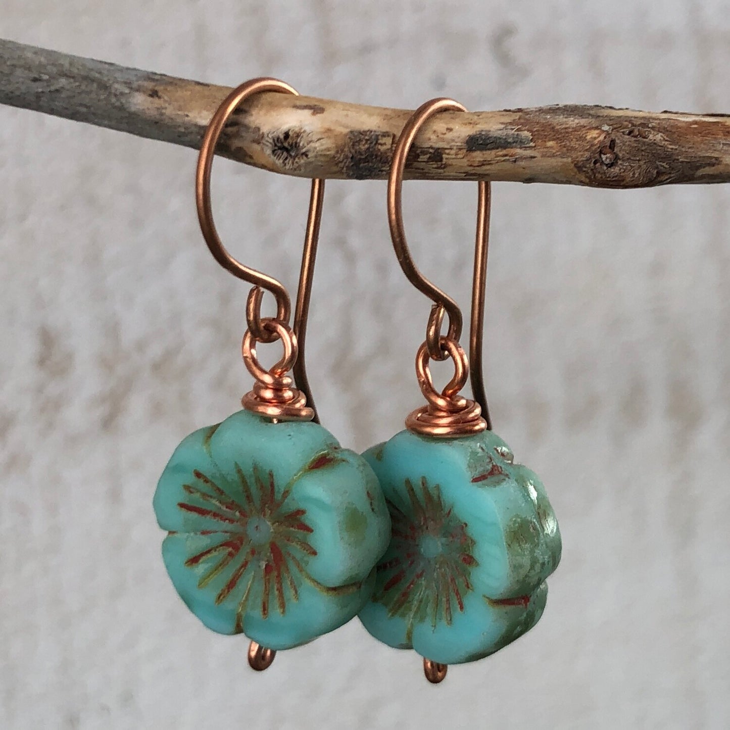 Turquoise Glass Flower Earrings, Copper