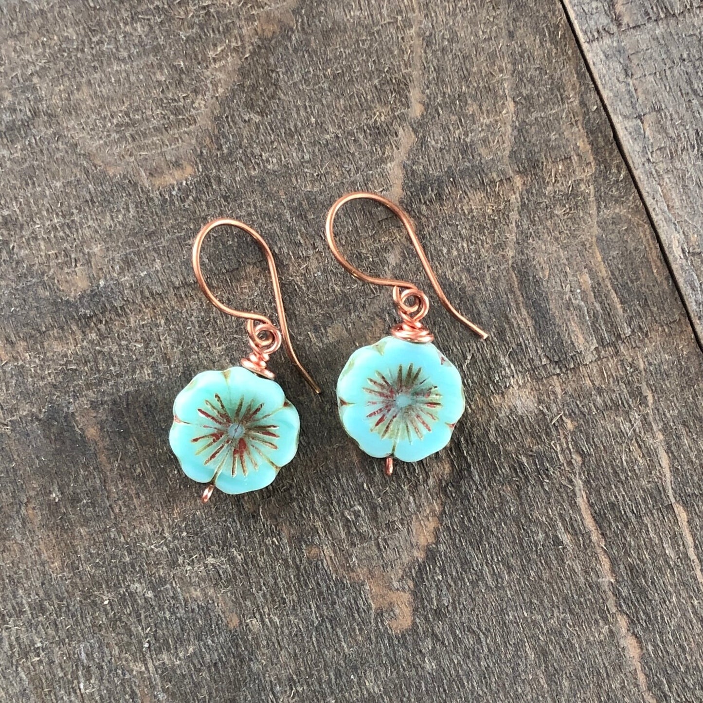 Turquoise Glass Flower Earrings, Copper