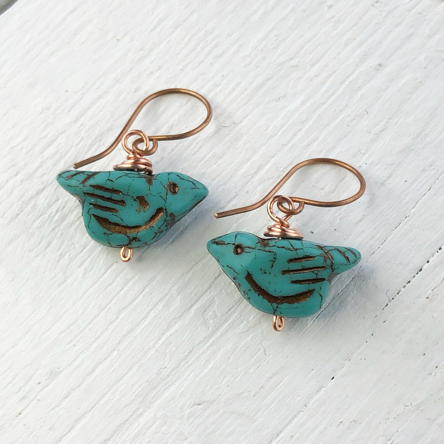 Rustic Turquoise Glass Bird Earrings, Copper Wire Wrapped