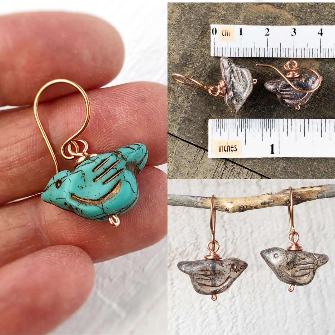 Blood Orange Glass Bird Earrings, Copper Wire Wrapped