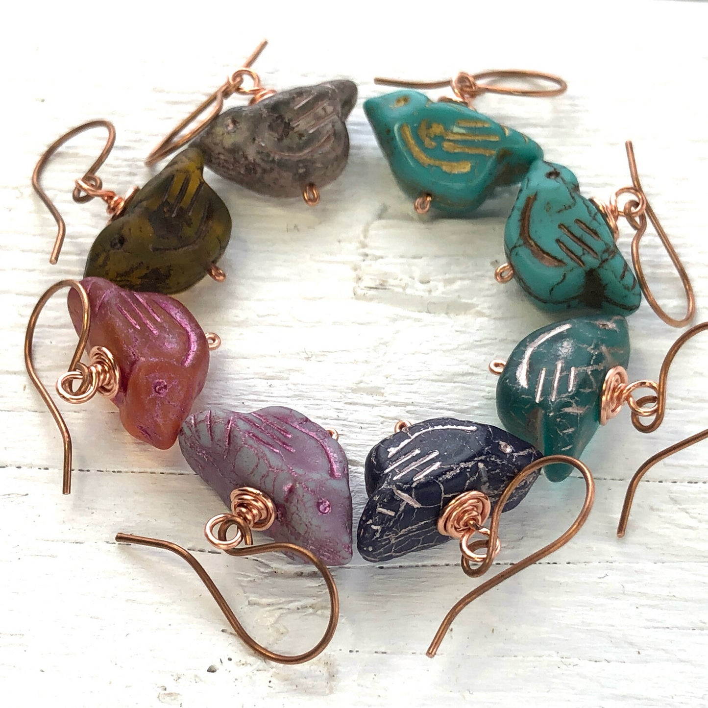 Blood Orange Glass Bird Earrings, Copper Wire Wrapped